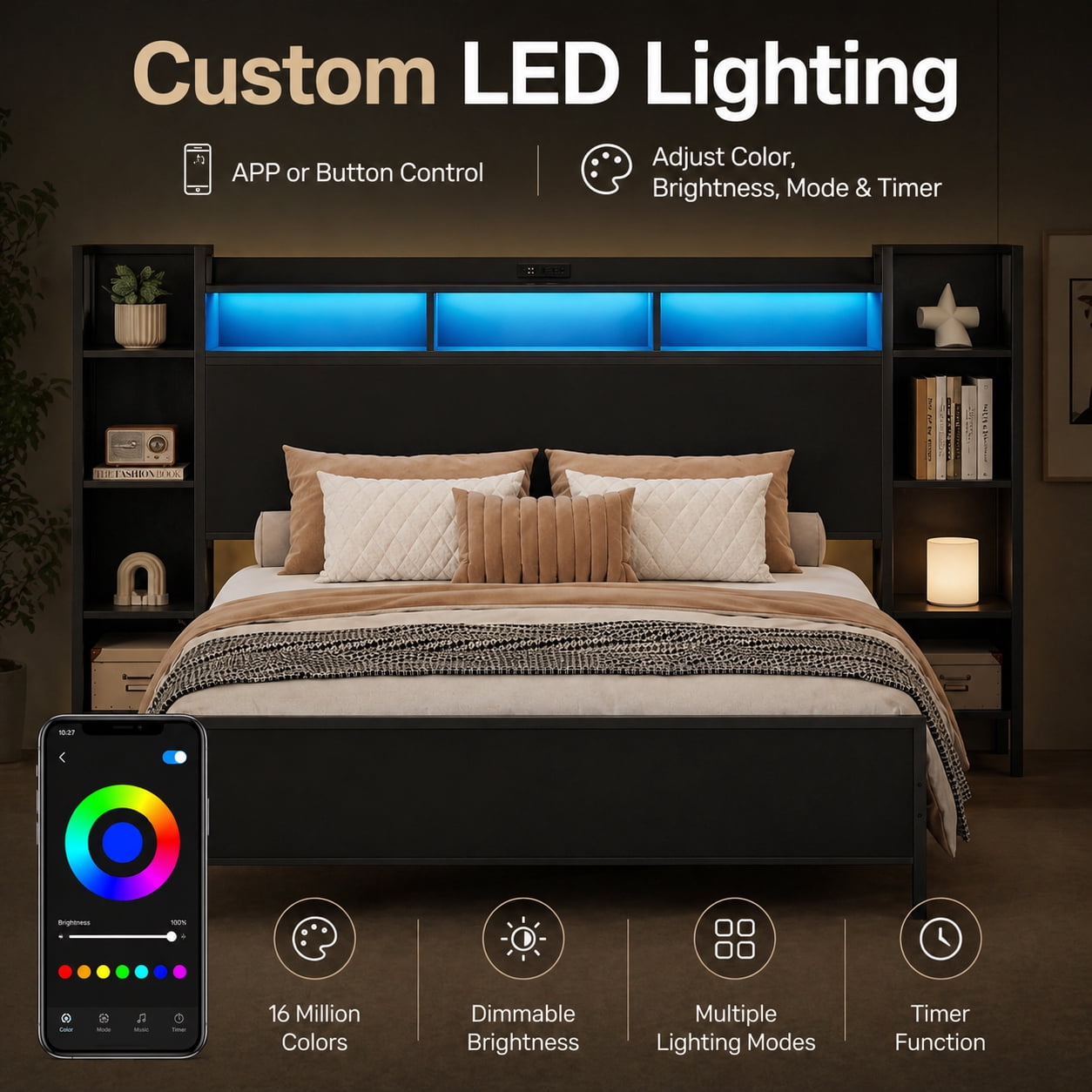 Miniyam Full Platform Bed Frame with Bookcase Headboard, Charging Station, LED Lights, Side Storage Shelves, Black