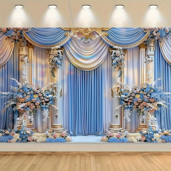Luxurious Wedding Backdrop Blue White Castle Palace Floral Photography Background Wedding Birthday Party Decorations Bridal Shower Backdrops Studio Props
