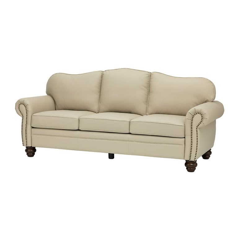 Genuine Leather Sofa with Rolled Arms Nailhead Trims Living Room
