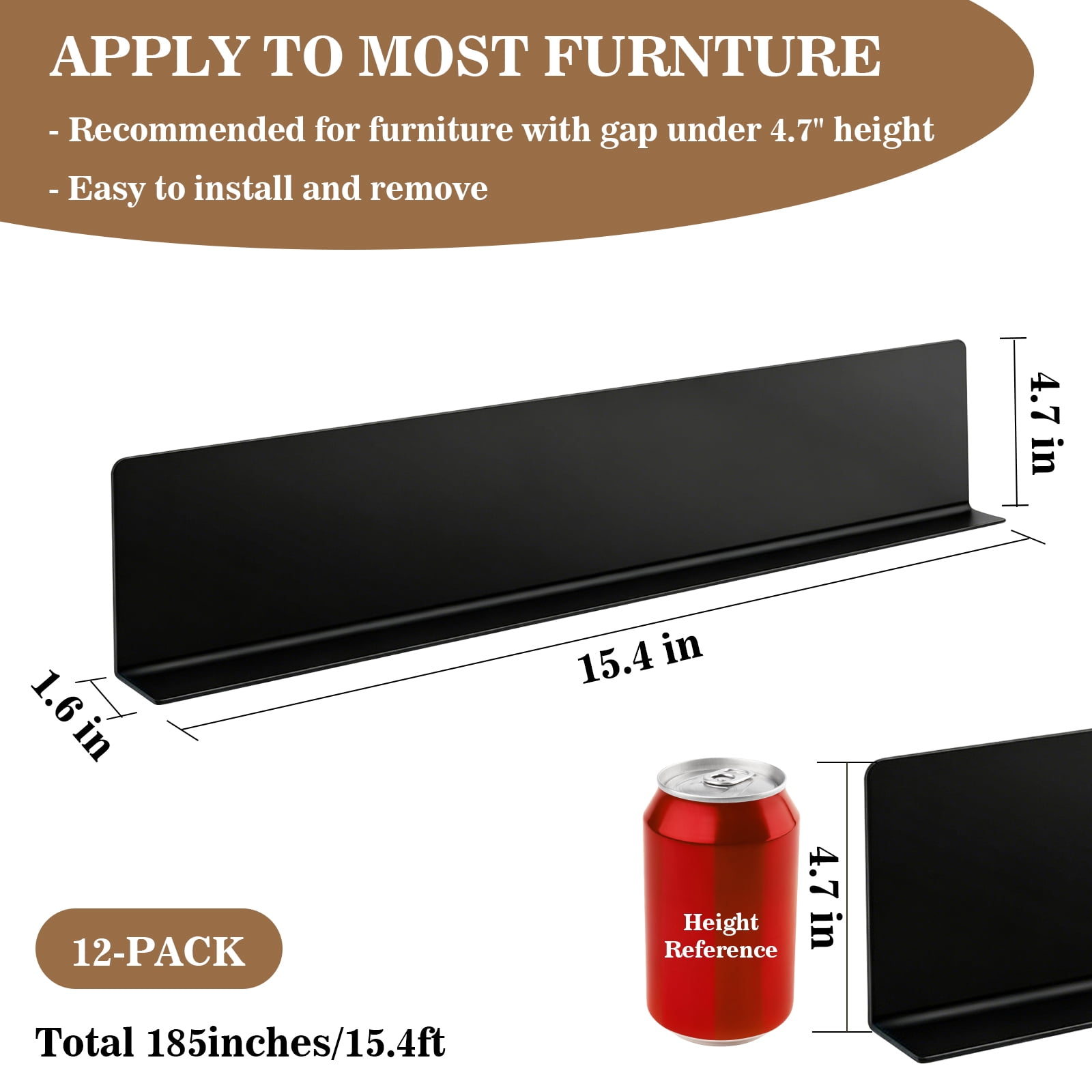 12-Piece Under Couch Blockers - 15.4"L x 4.7"H Strong Adhesive Reusable Guard, Under Sofa Pet Blocker to Keep Pets Out & Prevent Items Rolling