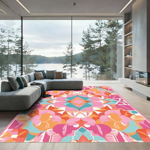 ODIKA 4'x6' Machine Washable Non-Slip Area Rug, Bohemian Hot Pink High Traffic Rug, Pink, 1082333