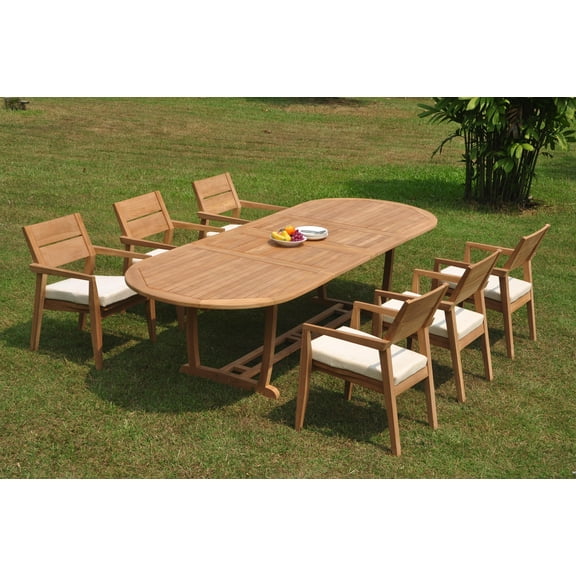 Grade-A Teak Dining Set: 6 Seater 7 Pc: 118" Double Extension Mas Oval Trestle Leg Table And 6 Vellore Stacking Arm Chairs WholesaleTeak #WMDSWVm
