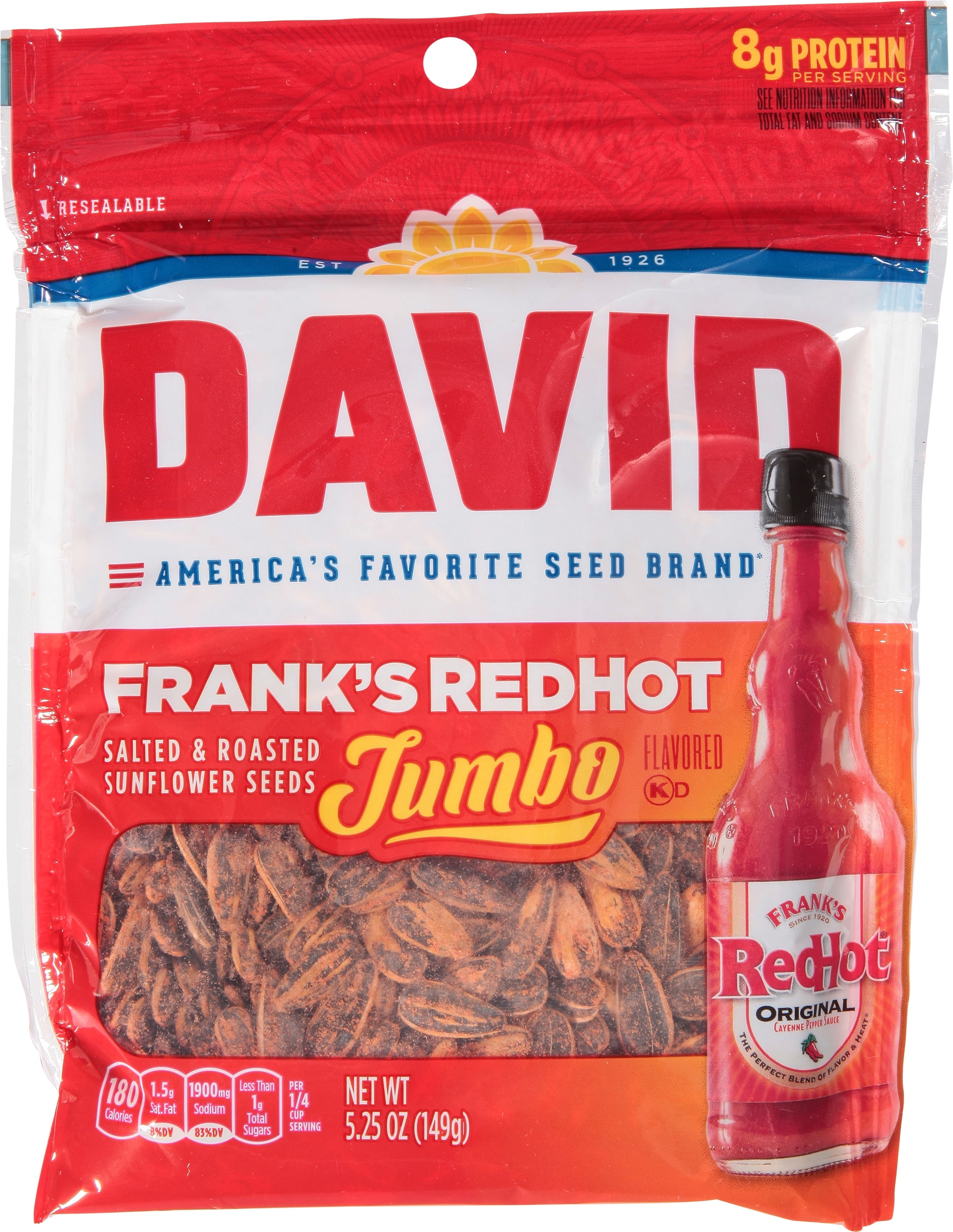 DAVID Seeds, Jumbo Sunflower Seeds, 5.25 oz, Frank's RedHot Flavor