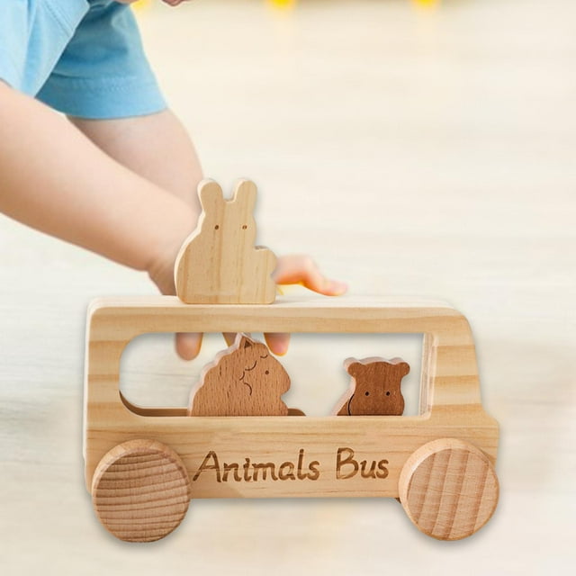 Juego de coche de madera con 3 figuras de animales, compacto, desarrolla habilidades finas, camión de empuje, juguete de madera para niños pequeños.