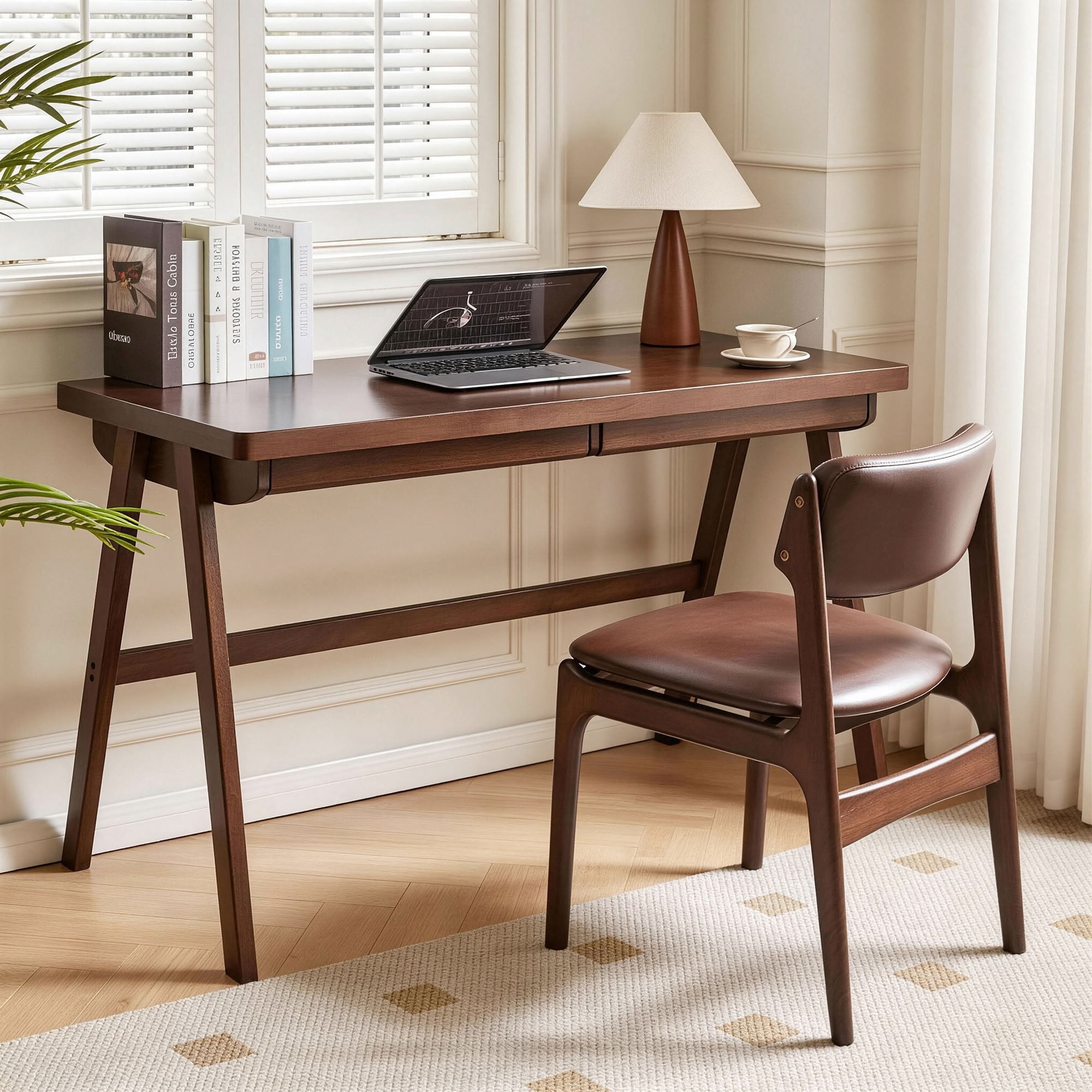 MAYEERTY Solid Rubber Wood Writing Desk with Drawer, Retro Walnut Computer Desk for Home Bedroom Vanity Small Spaces