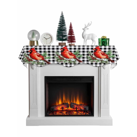 Christmas Cardinal Bird Mantel Scarf Fireplace Decorations for Living Room, White Black Plaid Pine Branch Snow Fireplace Mantel Scarf Cover Runner for Halloween/Thanksgiving/Christmas Decor 90"x17"