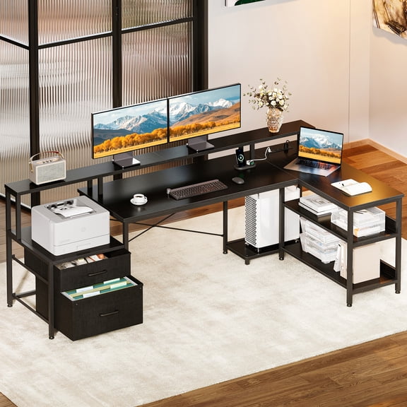 Sofanext 75 inch Reversible L Shaped Desk with File Drawer, Modern Computer Desk with Power Outlet, Office Table with Storage Shelves, Gaming Desk with Monitor Shelf, Black