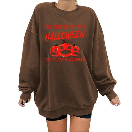 

jsaierl Womens Sweatshirt Loose Fit Long Sleeve Pullover Pumpkin Halloween Sweatshirt Crewneck Plus Size Tops for Women Cute Print Pullover for Teen Girls