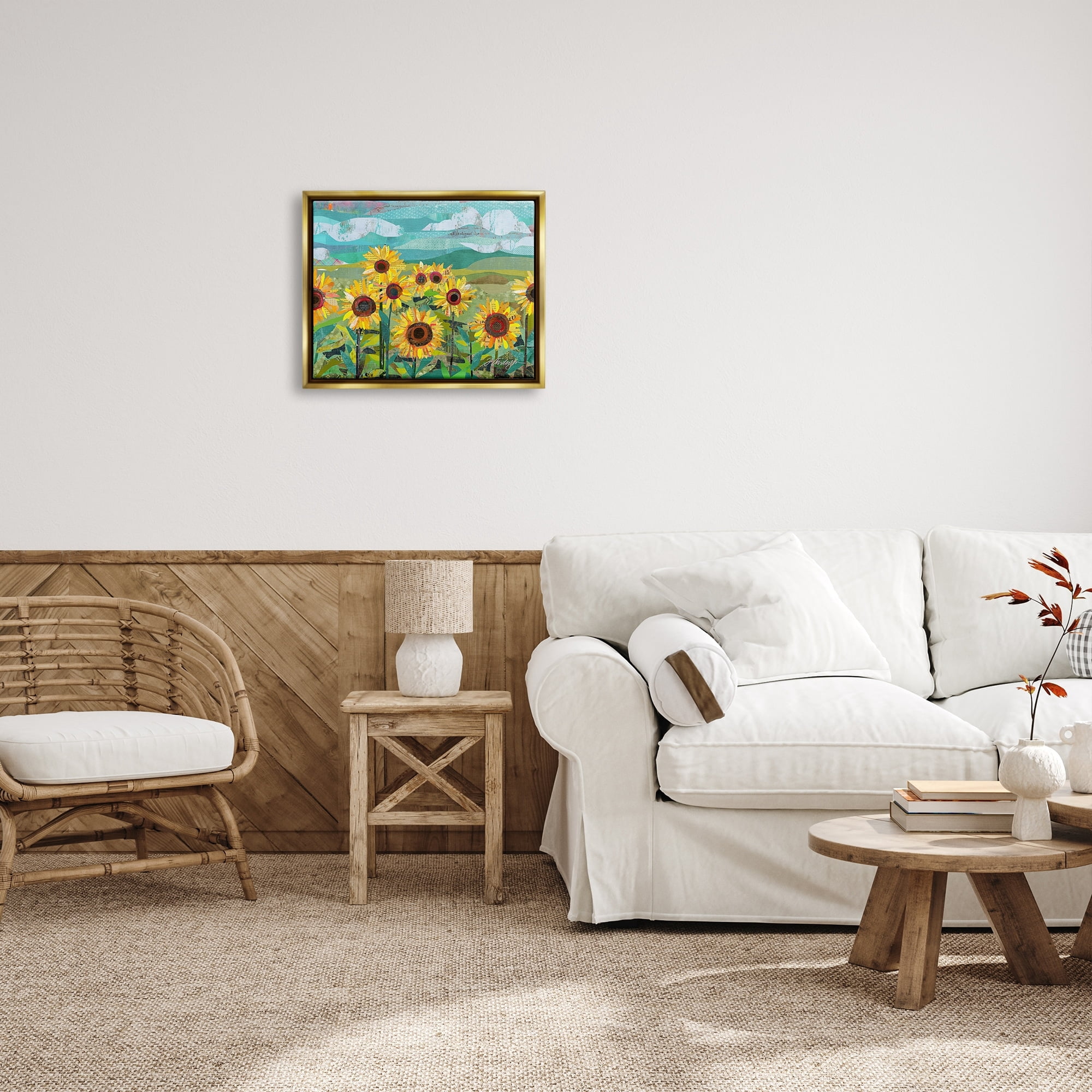 Stupell Industries Collaged Sunflower Field Abstract Layered Ephemera Meadow Graphic Art Metallic Gold Floating Framed Canvas Print Wall Art, Design by Traci Anderson