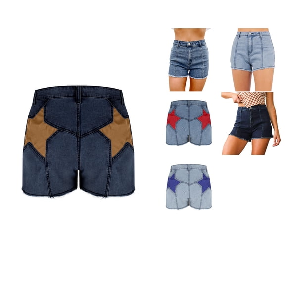 Loopsun Womens Summer Star Patchwork Denim Button Zipper Casual Daily Fashion Wear Shorts with Pockets Light Blue, S