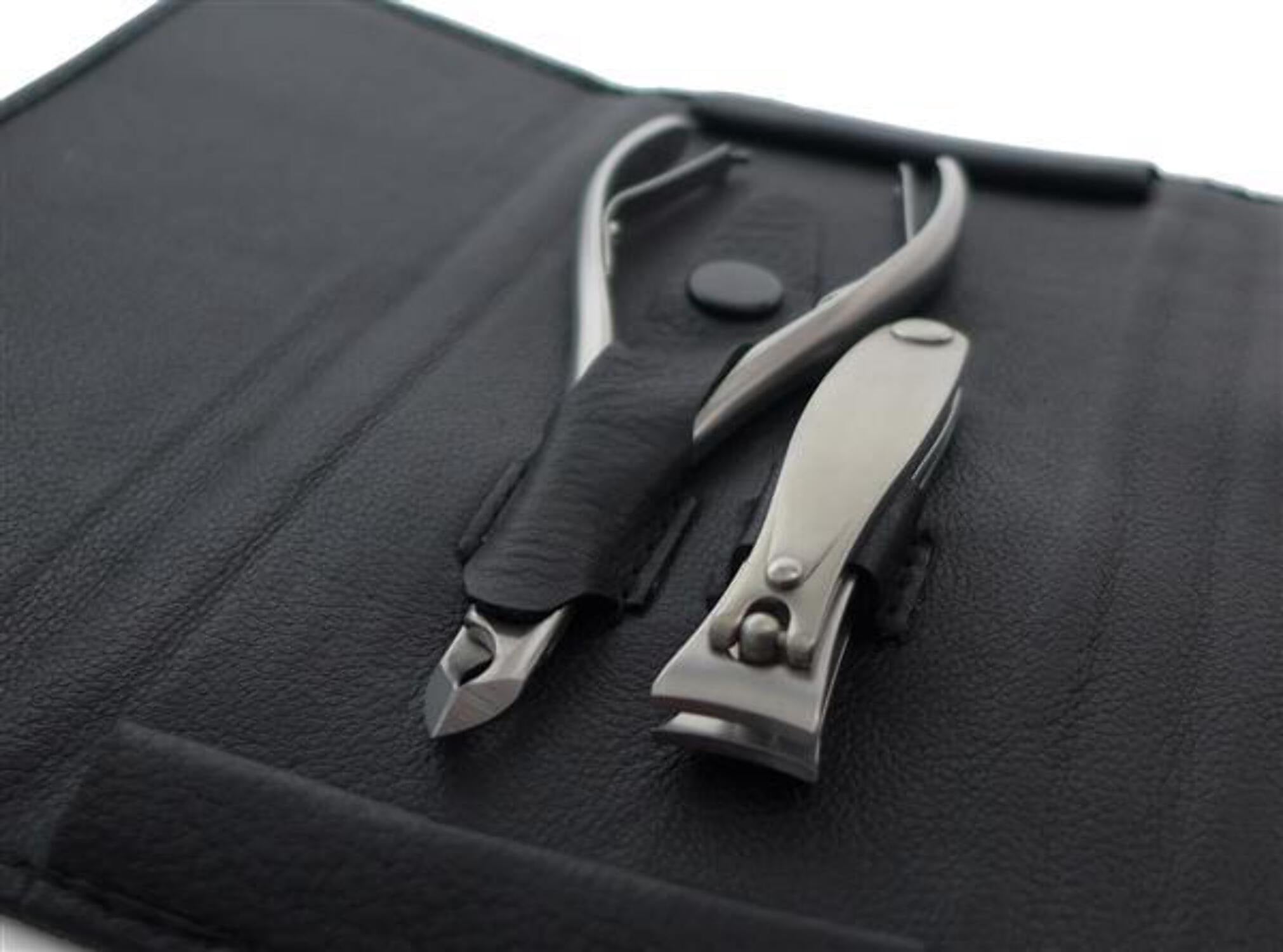 5pcs Manicure Set German FINOX® Surgical Stainless Steel: Cuticle Nippers, Clippers, Tweezers, Glass Nail File and Stick - Matte
