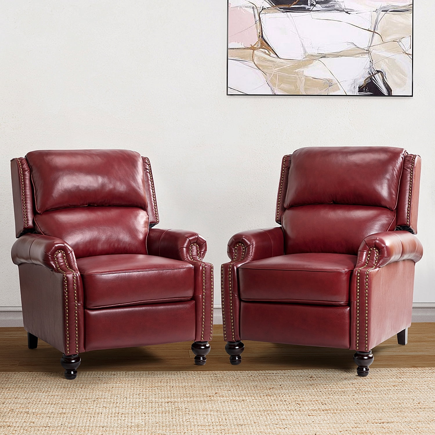 Mid-century Genuine Leather Pushback Recliner Chair with Nailhead Trim Set of 2 Burgundy