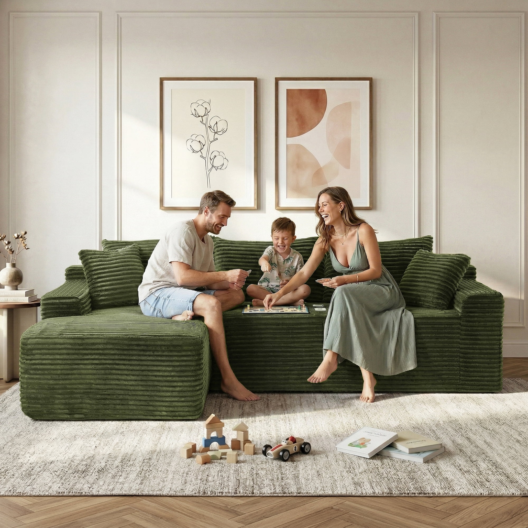 Aukfa 96" L-Shaped Cloud Sectional Sofa, Modular Boneless Couch with Deep Seat&Left-Facing Chaise for Living Room, Corduroy, Green