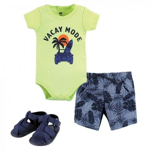 Hudson Baby Infant Boy Cotton Bodysuit, Shorts and Shoe Set, Vacay Mode, 0-3 Months