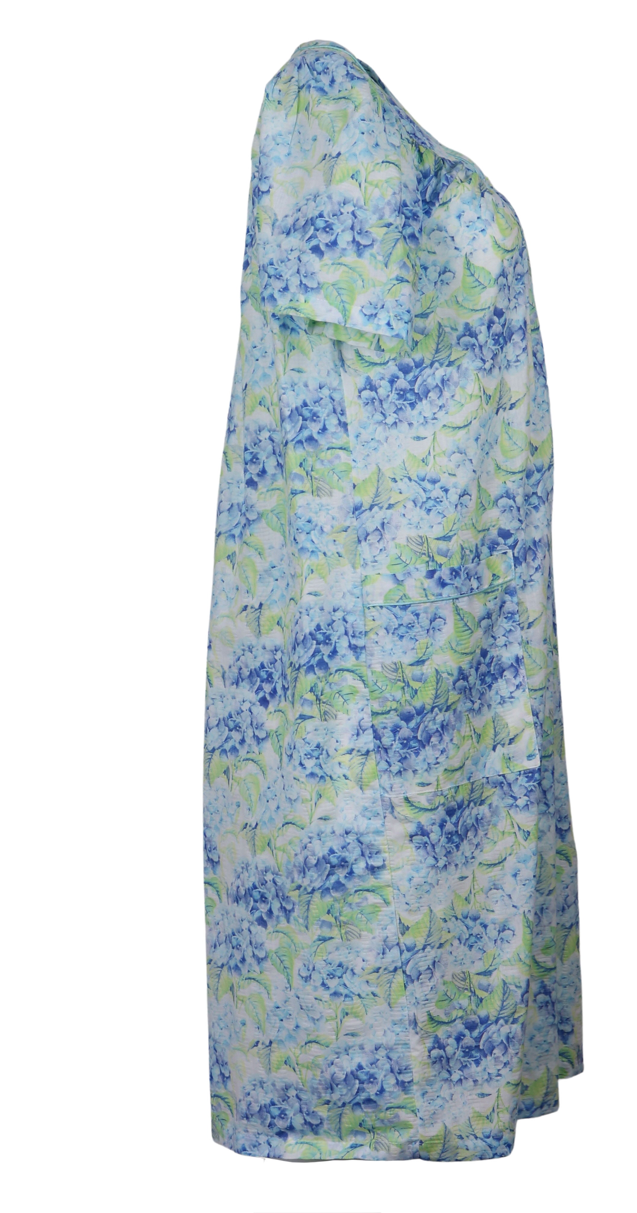 Elegant Emily Women's Snap-Front Duster Robe With Pockets - Blue Hydrangea - Large