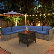 YODOLLA 7-Piece Patio Furniture Set with 30" Fire Pit Table, Rattan Wicker Outdoor Sectional Sofa Couch with Table Patio Conversation Set for Lawn& Backyard In Dark Blue