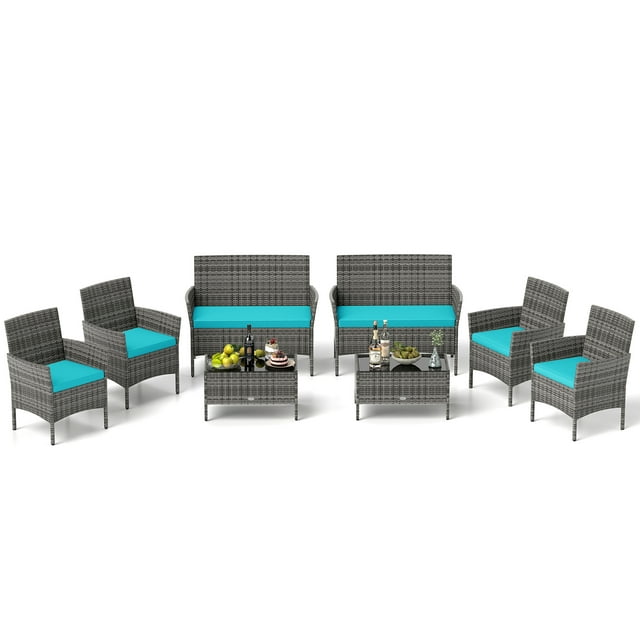 Gymax Set Of 8 Patio Furniture Set w/Washable Cushions & Tempered Glass Coffee Table Turquoise