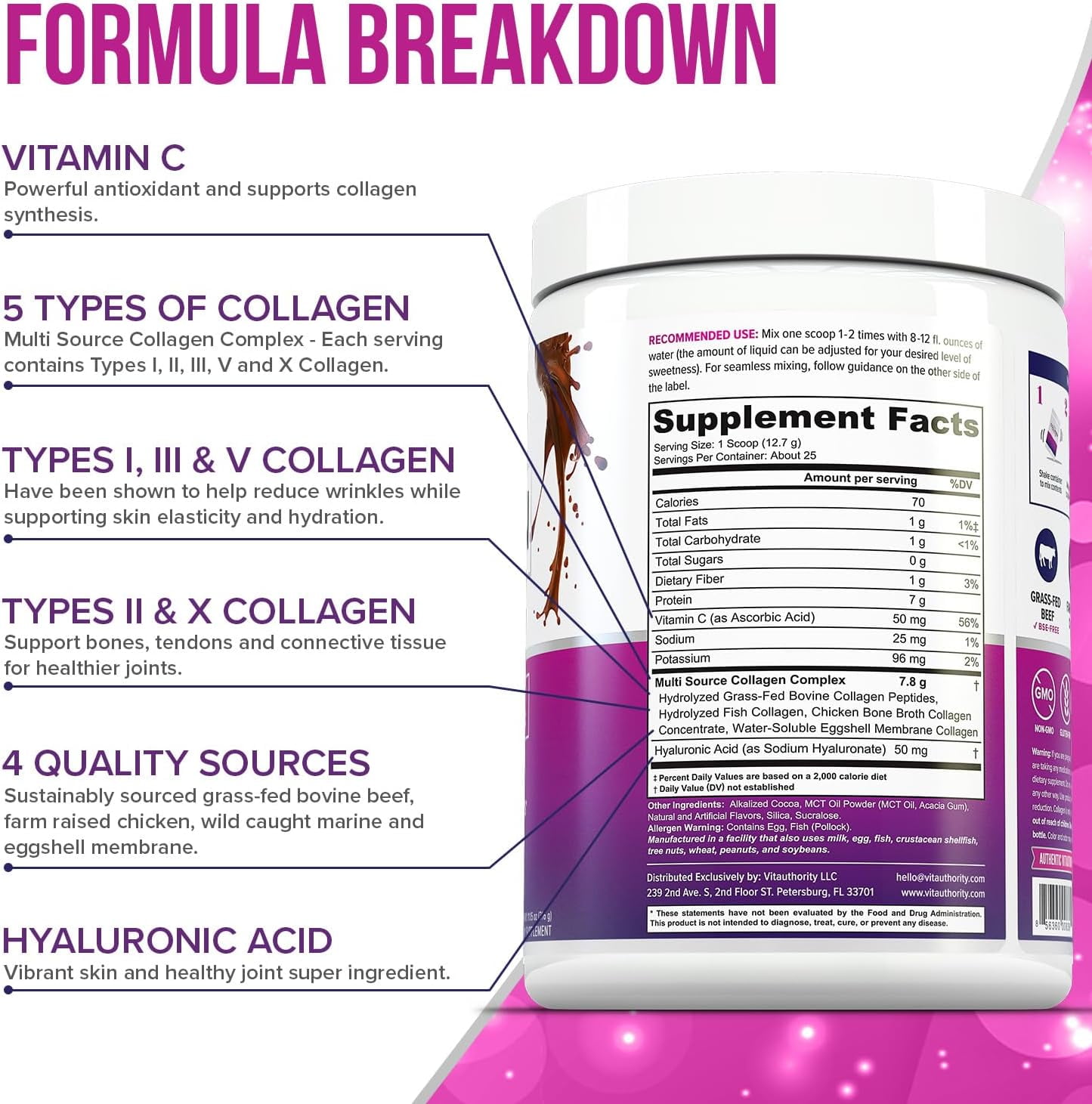 Vitauthority Multi Collagen Peptides Hydrolyzed Protein Powder, Peach Mango, 10 oz