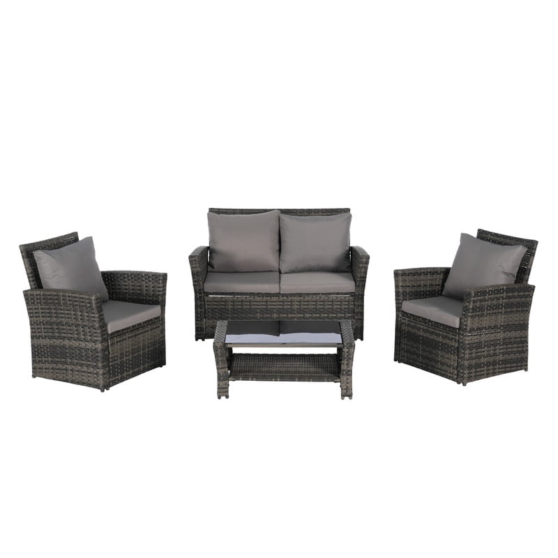 4-Piece Patio Furniture Set, Outdoor Wicker Sectional Sofa Set with Tempered Glass Coffee Table, Outdoor Conversation Set for Backyard Garden