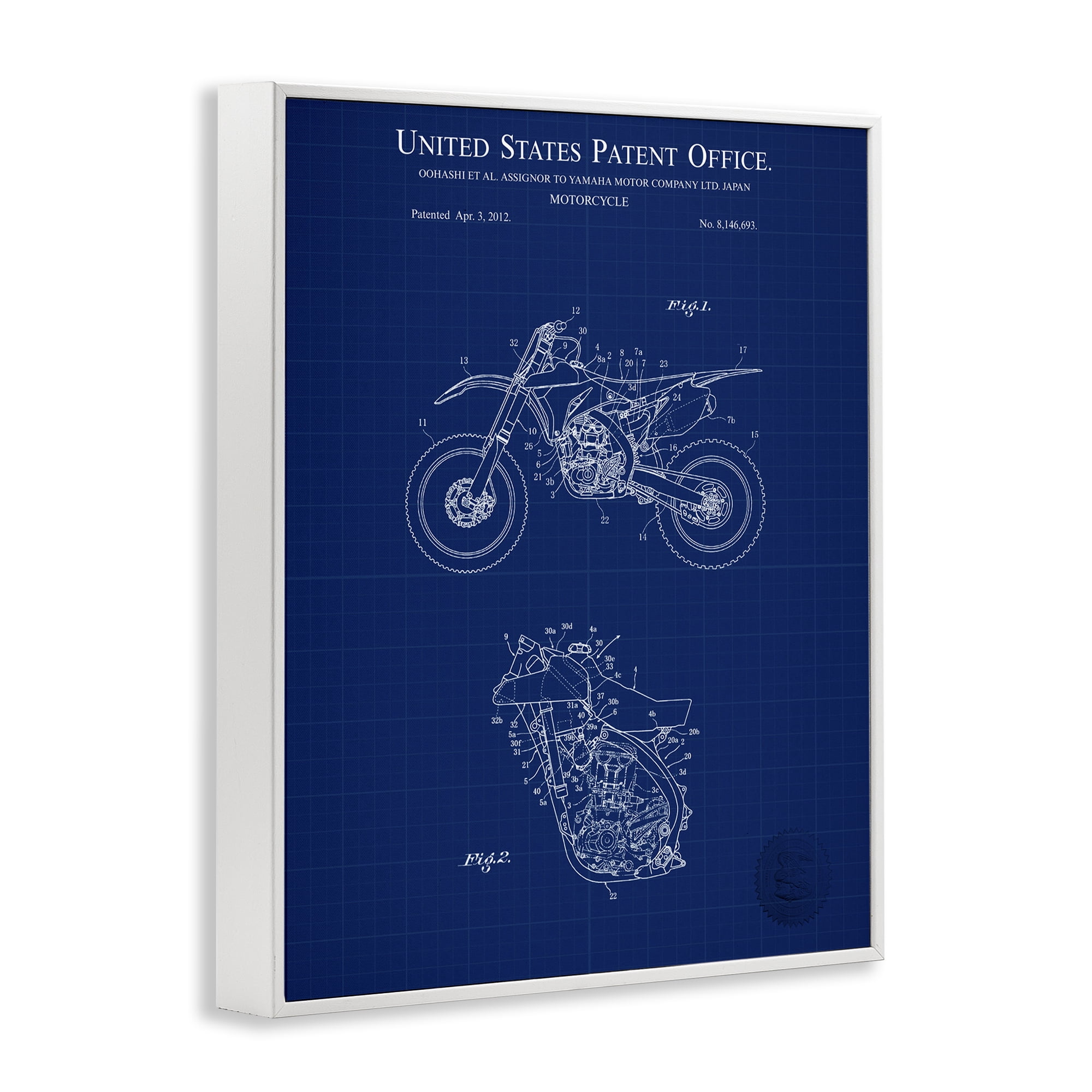 Stupell Industries Blue Motorcycle Blueprint Transportation Painting White Framed Art Print Wall Art, 16 x 20