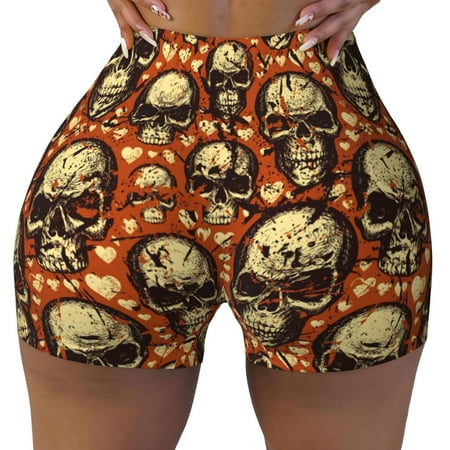 Workout Shorts Women  Skulls And Hearts Biker Shorts for Women Running Gym Spandex Shorts Tummy Control