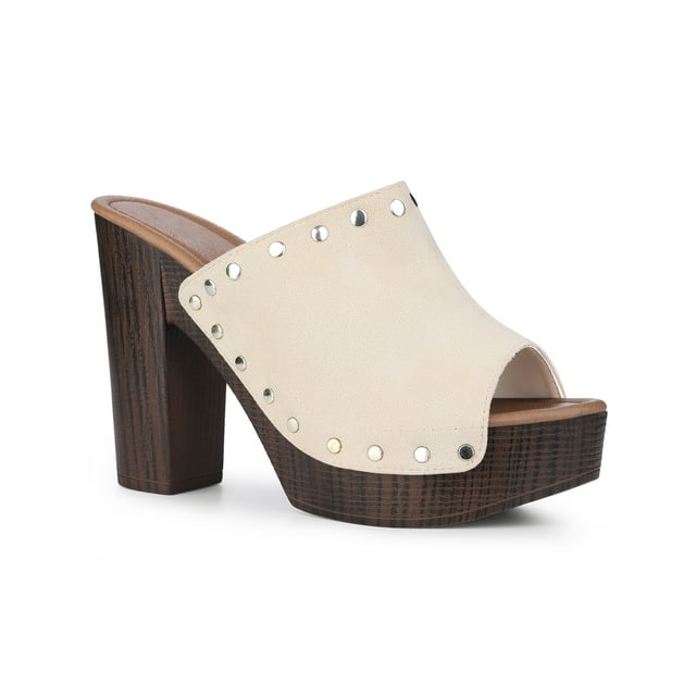 BLISSFUL STEP Women's Open Toe Platform Block Heel Slide Sandals Beige 6.5