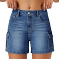 thumbnail image 2 of Women's High Rise Utility Denim Shorts Multi Cargo Pockets Relaxed Fit Stretchy Daily Wear Jean Shorts Dark Blue L, 2 of 5