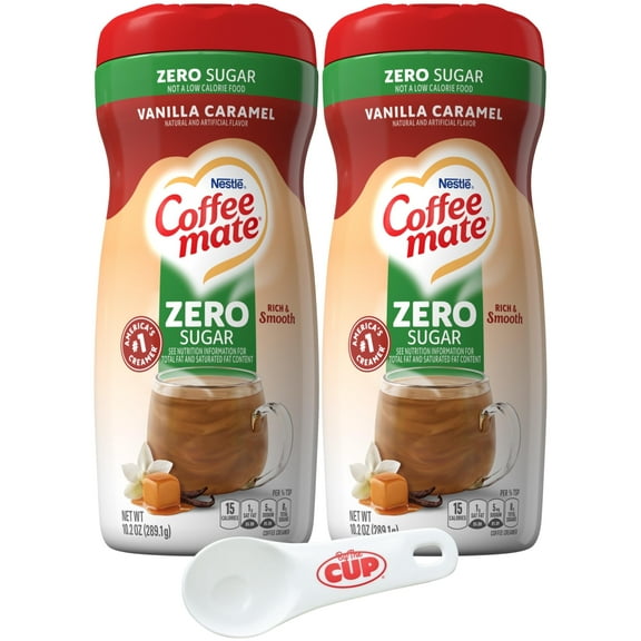 Coffee mate Vanilla Caramel Zero Sugar Powdered Creamer, 10.2 oz Canister (Pack of 2) with By The Cup Coffee Scoop