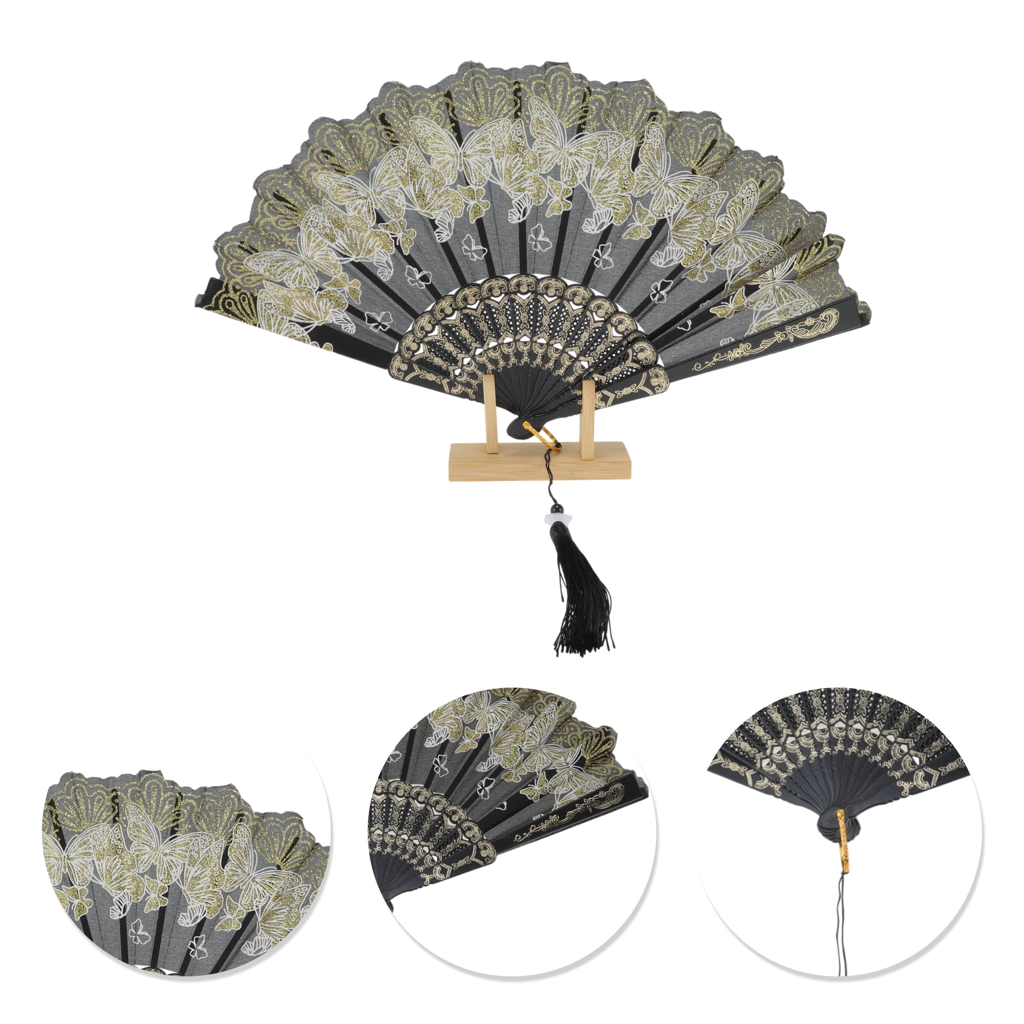 Unique Bargains Elegant Butterfly With Tassel Folding Fan 1PC Black