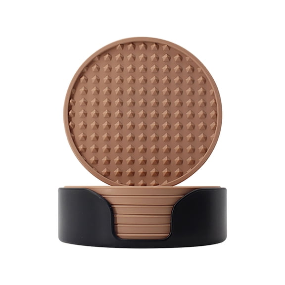 Coasters for Drinks 6 Pcs Drink Plastic Coaster with Holder,Heat Resistant Silicone Cup Mat Tabletop Protection,Non-Slip Rubber Coasters for Kinds of Cups,Brown