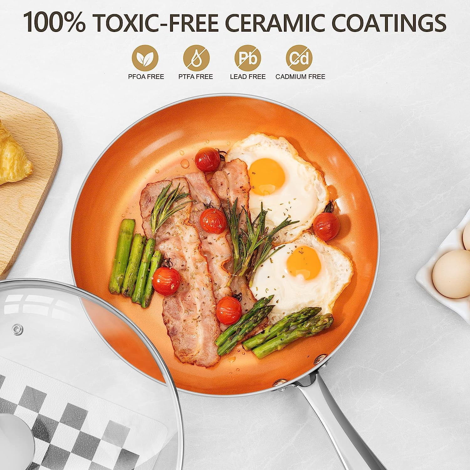 12 Inch Frying Pan with Lid, Nonstick Copper Frying Pan, Non Stick Ceramic Skillet with Lid, Large Copper Pan Non-Stick, Induction Compatible