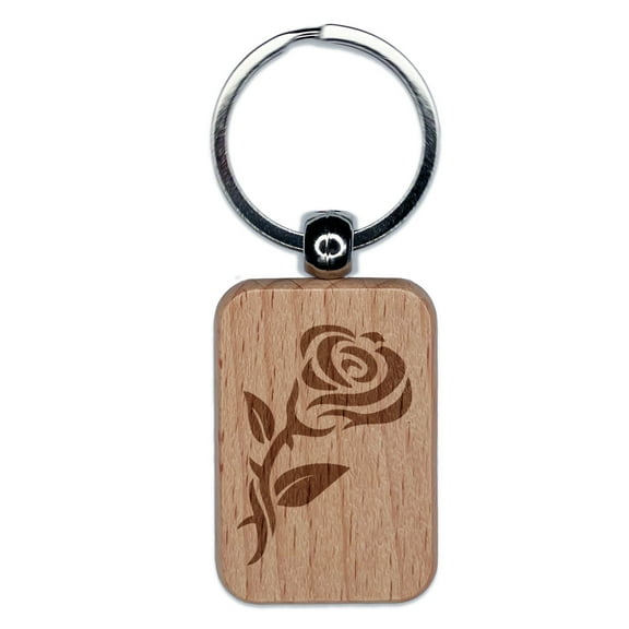 Tribal Rose Flower Rectangle Keychain Charm Tag - Engraved Wood