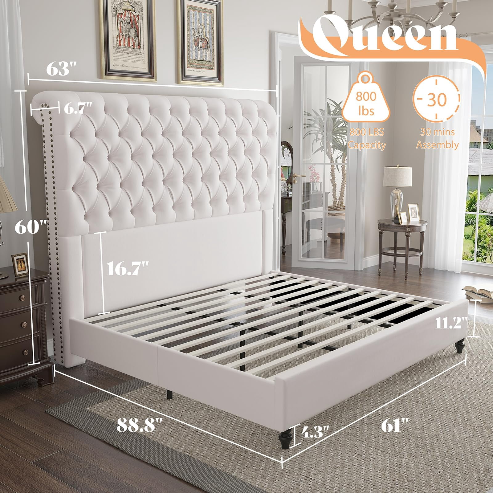 VanAcc Queen Size Bed Frame, 60" Tall Sleigh Headboard Bed with Velvet Upholstered Platform, Cream