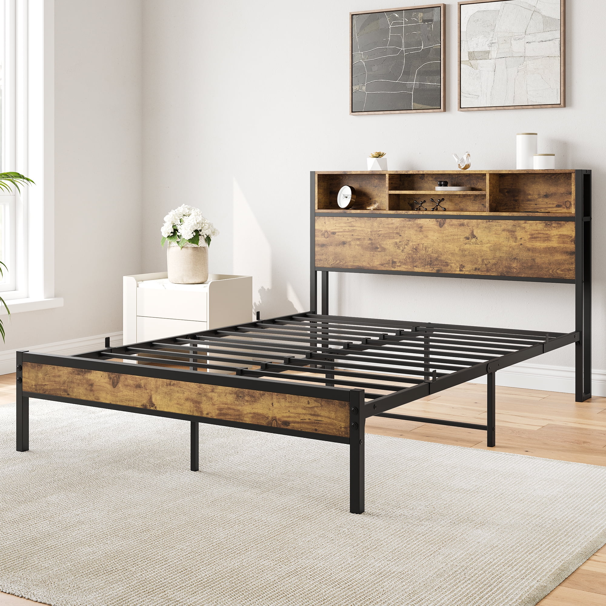 Miniyam Wood Full Size Platform Bed with Storage Headboard & Charging Station for Adult, Brown
