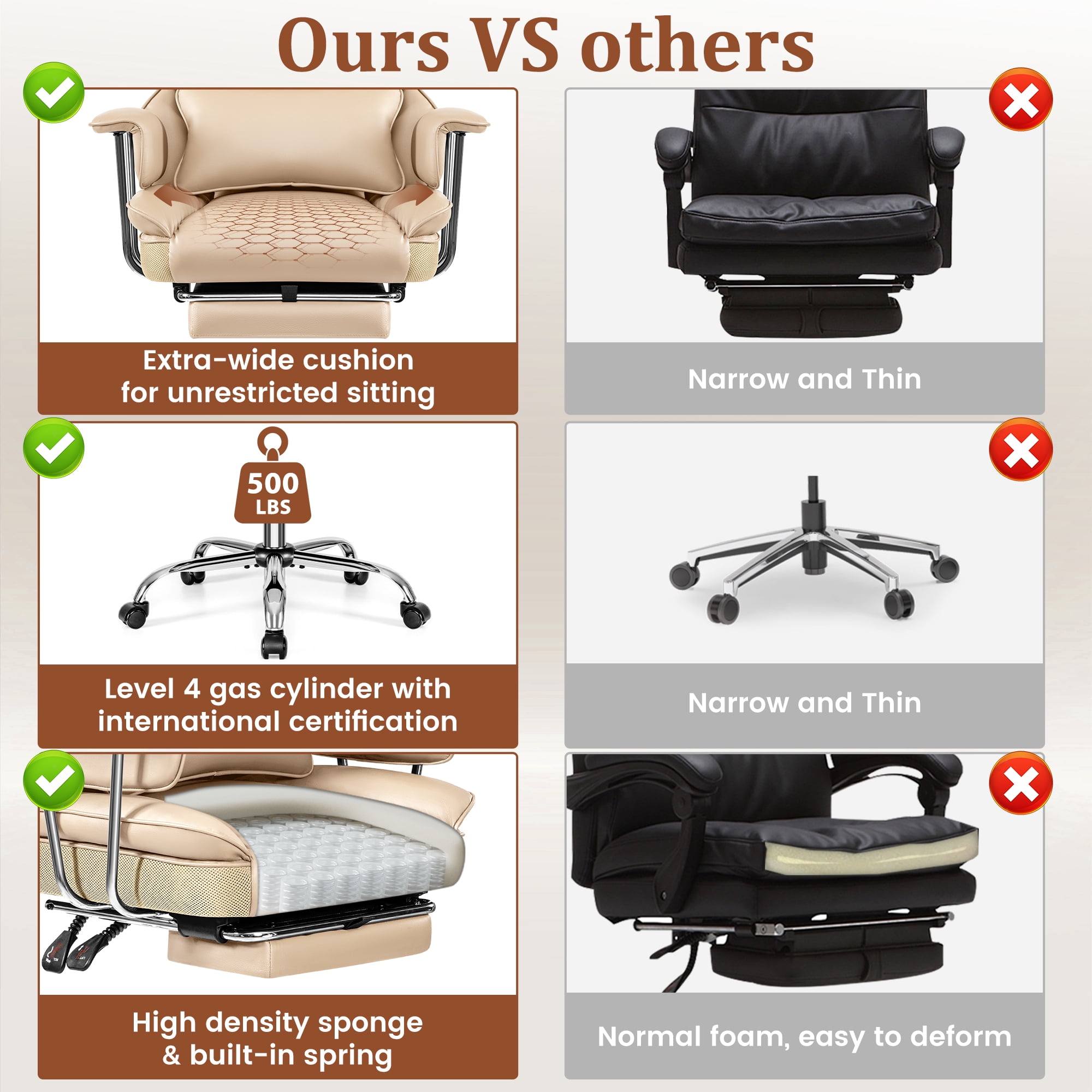 COOLHUT Big and Tall Office Chair 500LBS Wide Seat Ergonomic Computer Desk Chair, PU Leather Executive Office Chair with Footrest, Adjustable Task Chair Lumbar Back Support 8 Hour, Khaki