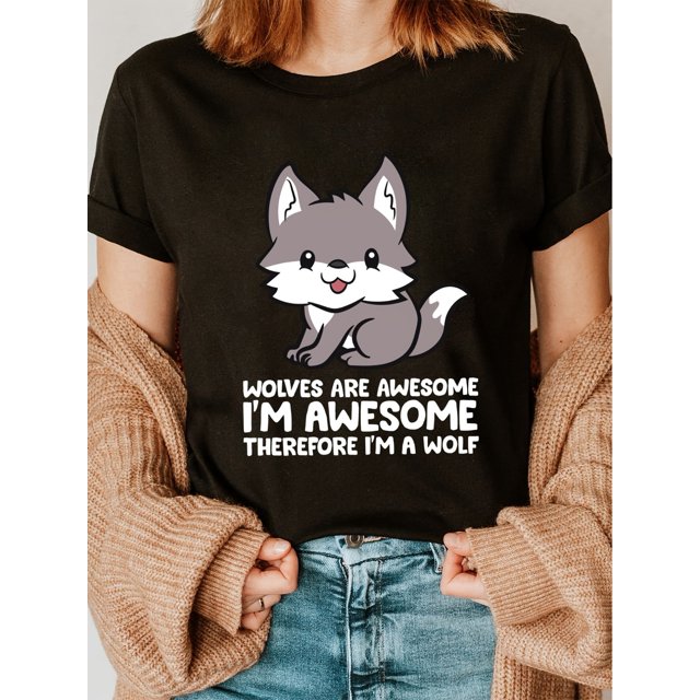 1pc Women'S Cotton Crew Neck T-Shirt with Cartoon Wolf Print, Casual Short Sleeve Top with Slight Stretch, Regular Length, All-Season Knit Fabric Tee