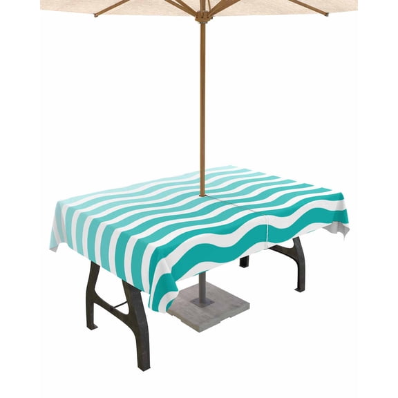 Outdoor Tablecloth with Umbrella Hole for Patio/Picnic/Party/Camping, Geometric Turquoise Ombre Waterproof Table Cloth Rectangle Table Cover Washable, Modern Gradient White Ocean Striped 54"x 80"