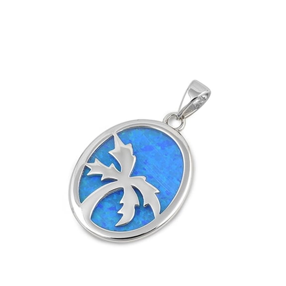 Sterling Silver Blue Simulated Opal Palm Tree Pendant Tropical Nature Charm 925 Jewelry Female