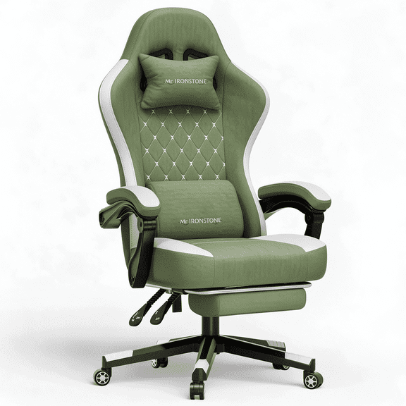 Mr IRONSTONE Fabric Gaming Chair with Massage, Breathable Ergonomic PC Desk Chair with Footrest and Quiet Casters, Green