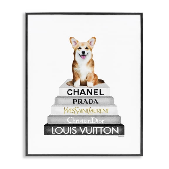 Stupell Industries Shabby Chic Corgi Dog on Grey Bookstack Black Framed Giclee Art, 11 x 14, by Amanda Greenwood
