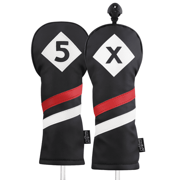 Majek Retro Golf Headcovers Black Red and White Vintage Leather Style 5 & X Fairway Wood Head Cover Classic Look