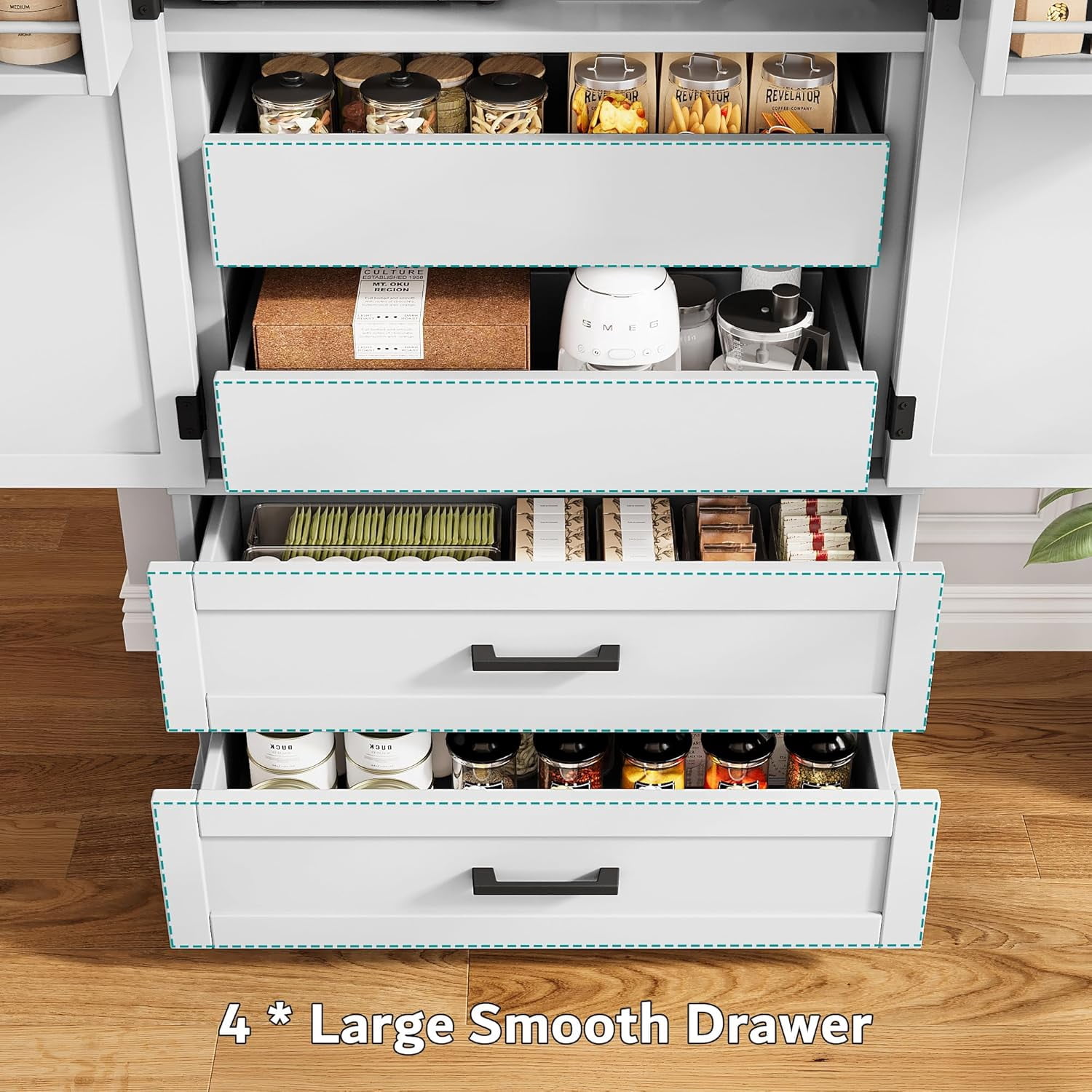 iPormis 71" Tall Kitchen Pantry Storage Cabinet with Adjustable Shelf, Large Drawers & Door Shelves, Freestanding Farmhouse Kitchen Cupboard for Dining Room/Living Room, White