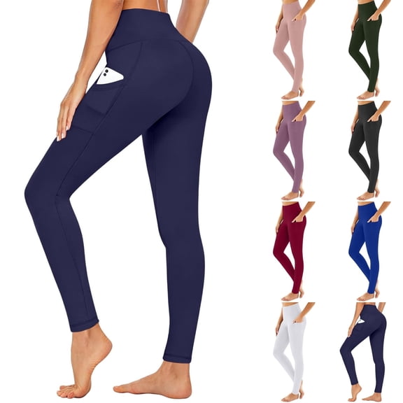 Qingpeng Womens Solid Color Leggings Tummy Control High Waisted Workout Yoga Pants Sportswear with Pockets