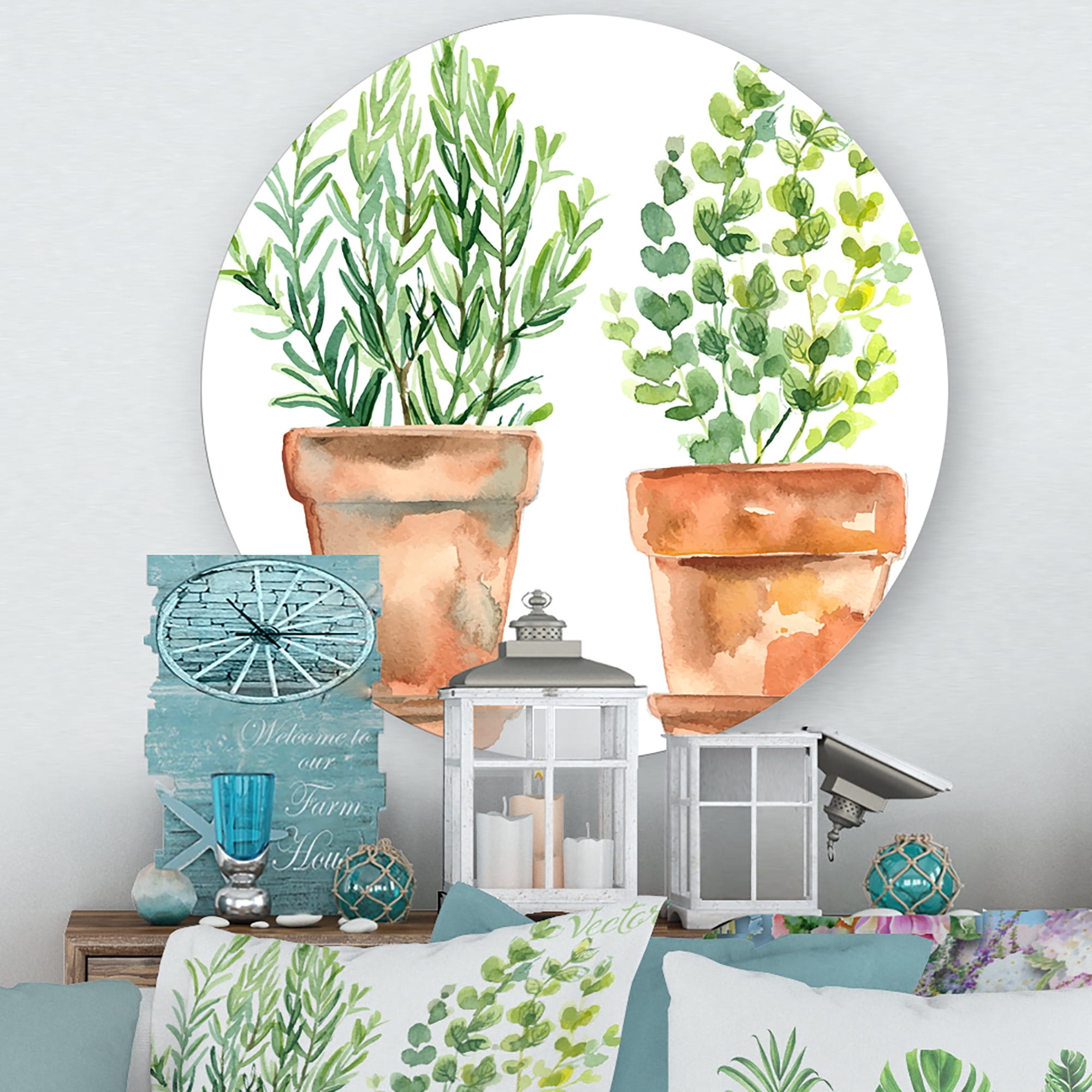 Designart 'Two Green House Plants In Orange Cly Pots' Traditional Circle Metal Wall Art 23x23 - Disc of 23
