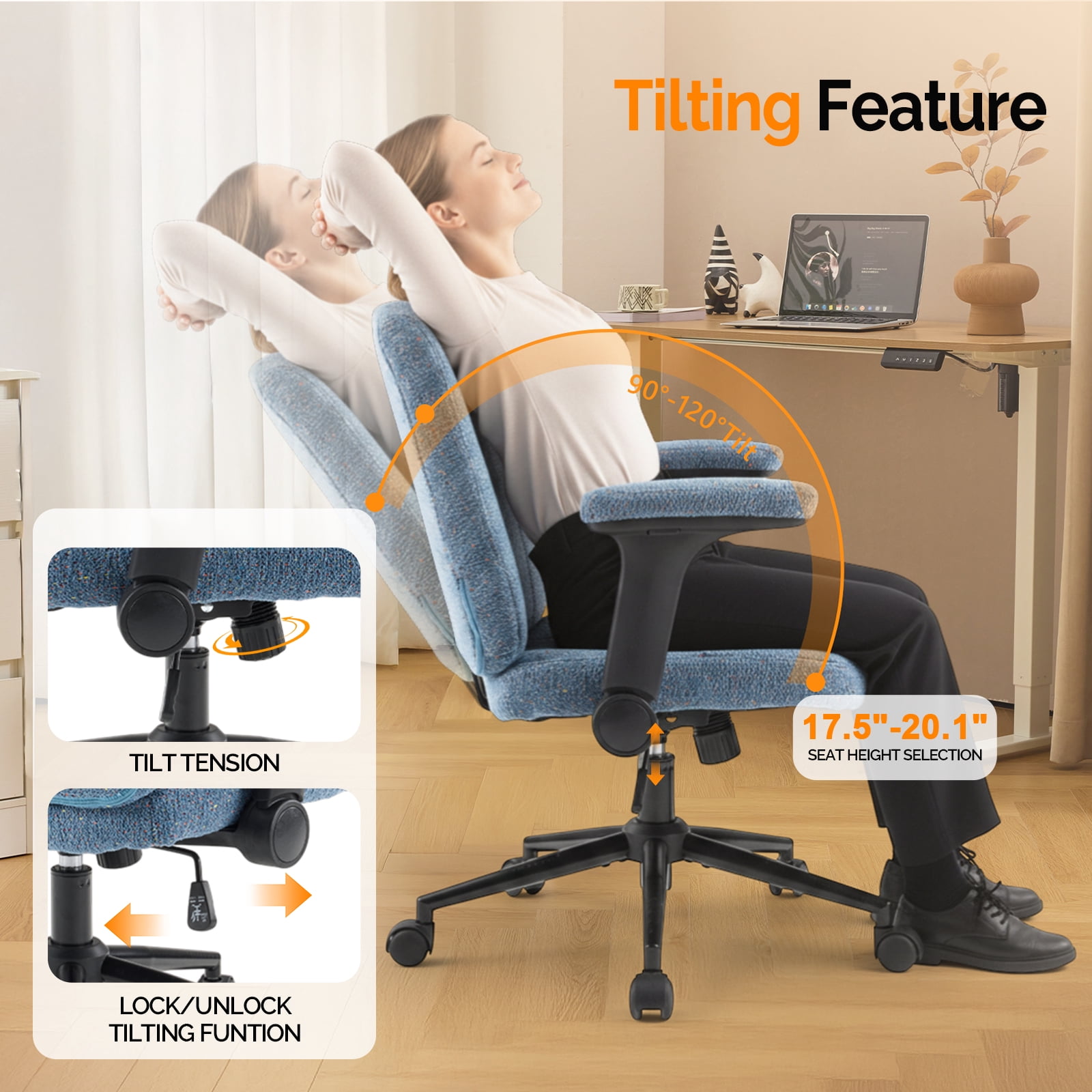 Ktaxon Office Chair, Flip-Top Armrest Desk Chair on Metal Star Base, Starry Chenille Vanity Chair with Adjustable Height & Swivel Wheels Blue