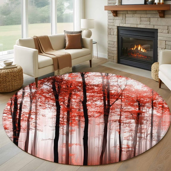Round Area Rugs Collection 6 Ft, Red Forest Non-Slip Residential Carpet, Mysterious Tree Autumn Botanical Farmhouse Indoor Crawling Mats Runner Rugs for Living Room/Dining Room/Bedroom