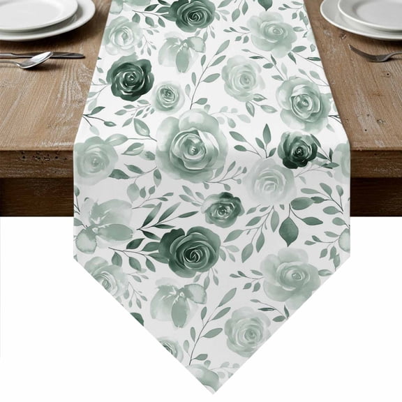 Table Runners 72 Inches Long, Sage Green Flower Cotton Linen Kitchen Dining Coffee Table Runner for Party Home Decor, Vintage Rose Floral Botanical Leaf Tabletop Dresser Scarves Runner 16x72 Inch