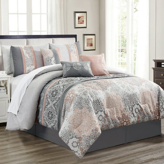 Unique Home Lowena 7 Piece Comforter Set Floral Medallion Bed In a Bag Clearance Bedding Comforter Duvet, Fade Resistance, Super Soft (Queen, Gray/Pink)