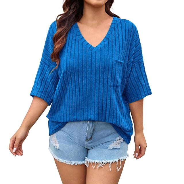 vdgthytj Womens Plus Size Tops Short Sleeve V-Neck Ribbed Knit Sweater Loose Fitted Summer Casual Tunic with Pocket