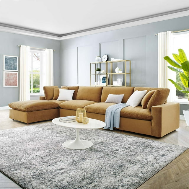 Modway Commix Sectionnel 5 Pcs Surrempli en Velours de Performance Rempli de Duvet, Couleur Cognac